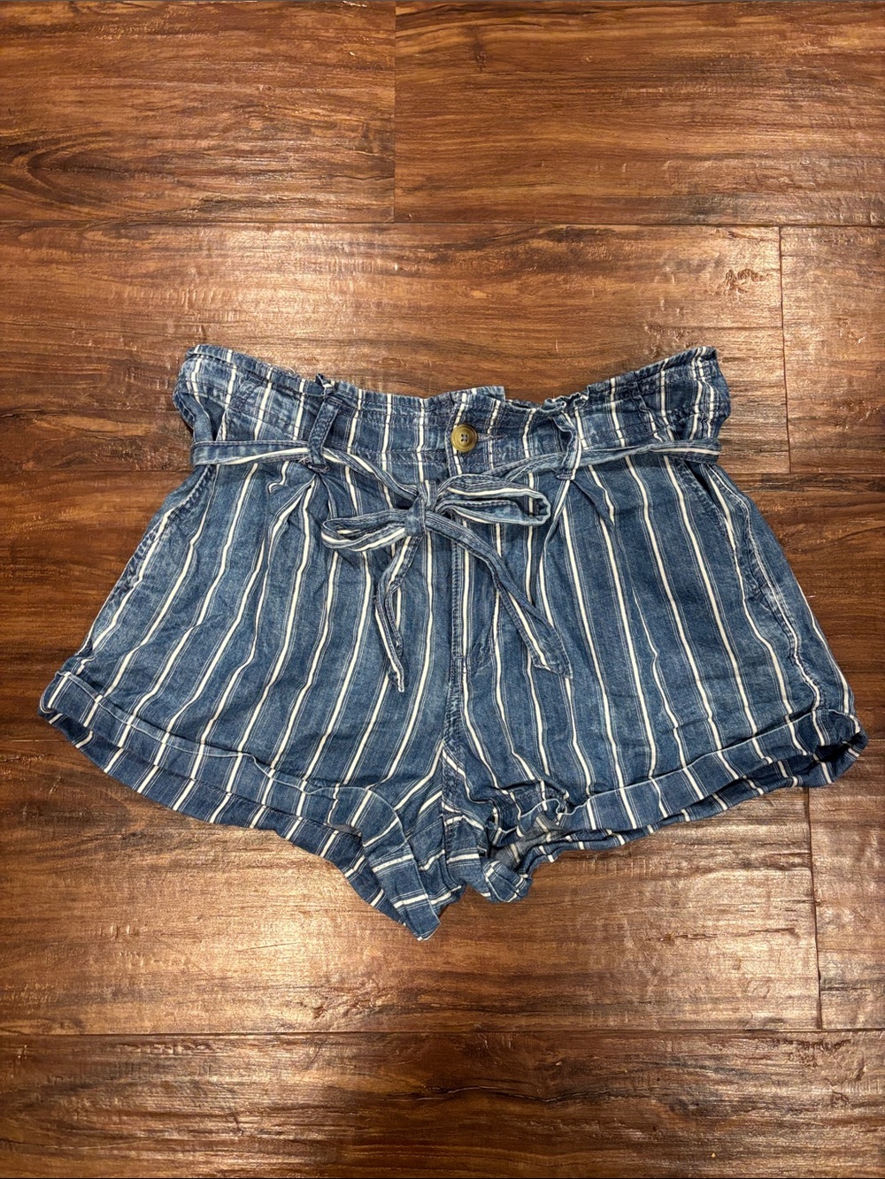American Eagle Outfitters Blue and White Striped High-Waist Paperbag Shorts